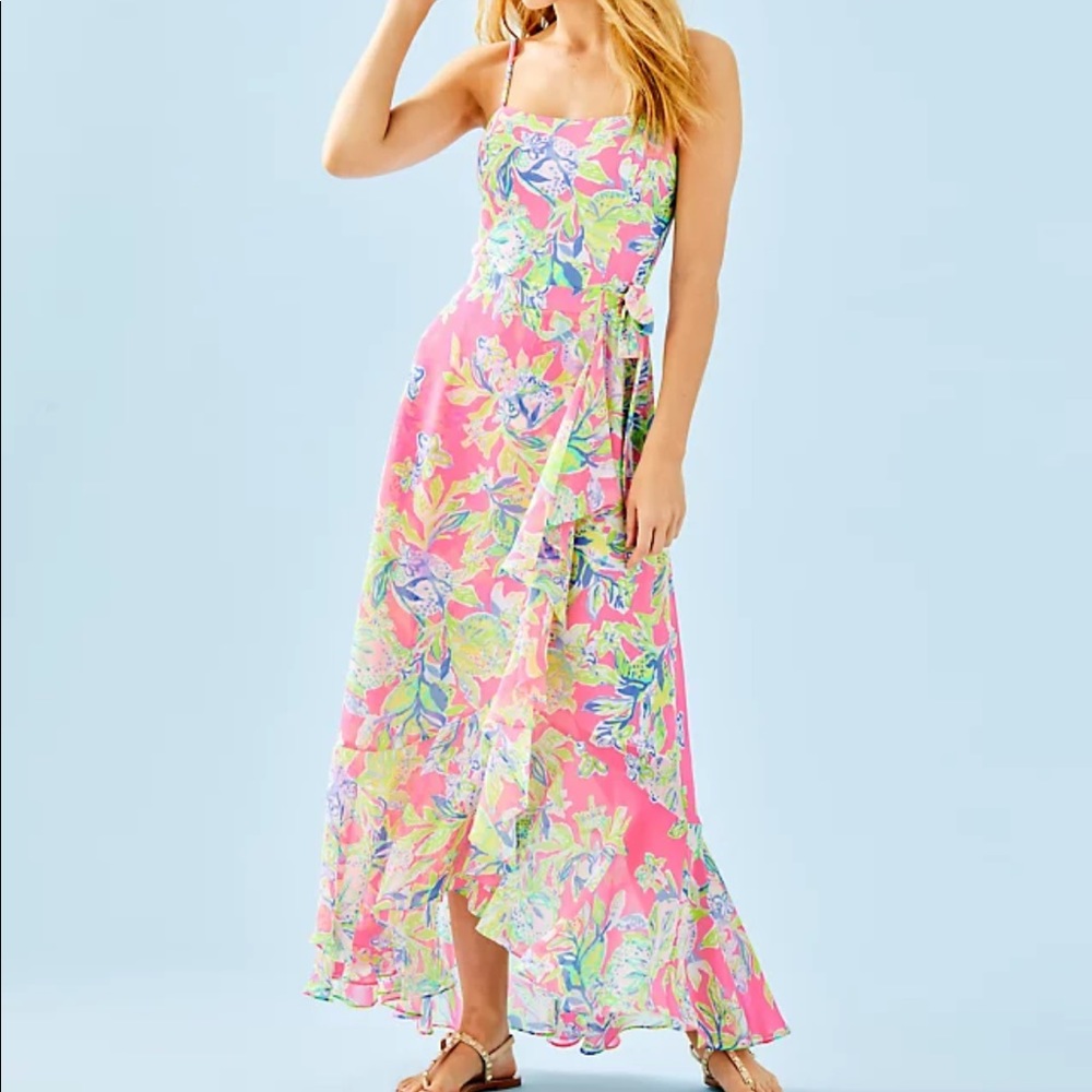 Lilly Pulitzer Pink Tropical Floral Wrap Maxi Dress